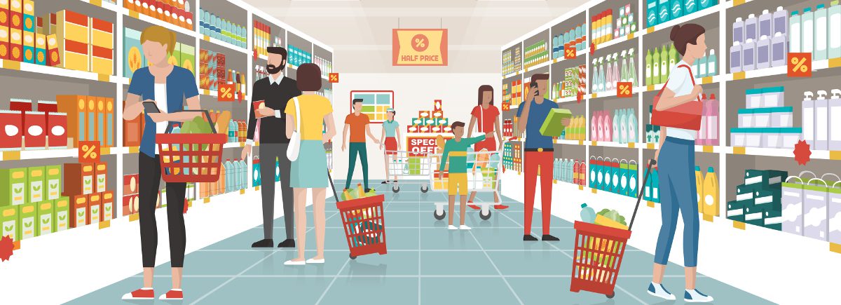 рисунок торгового зала маркета с покупателями выбирающими товары